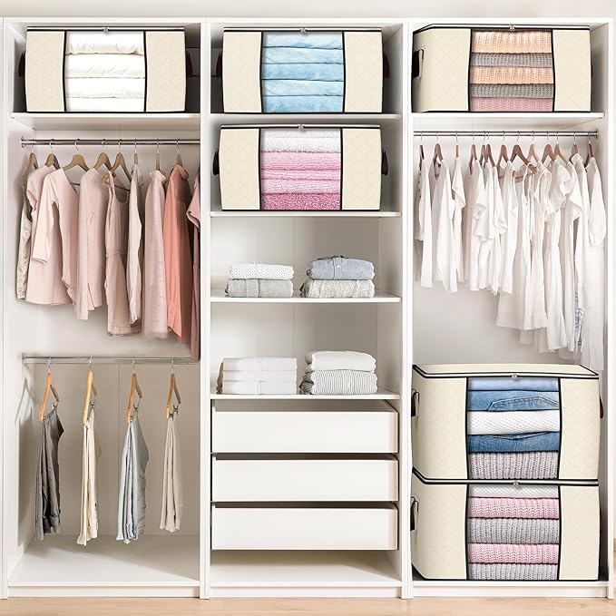 90L Large Storage Bags, 6 Pack Clothes Storage Bins Closet Organizers | Foldable Storage Containers, with Reinforced Handle, for Clothing, Blanket, Comforters, Bed Sheets, Pillows and Toys,Beige
