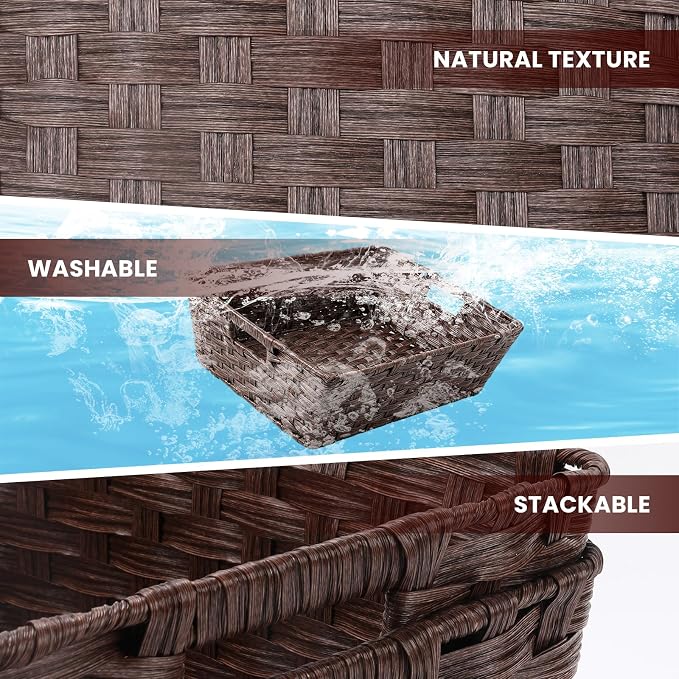 Large 2-Pack Plastic Wicker Storage Baskets, 17"x13"x5.5", Brown | Versatile woven bins for laundry, closet, living room, shelf organization, and even a cat bed – perfect home storage decor.