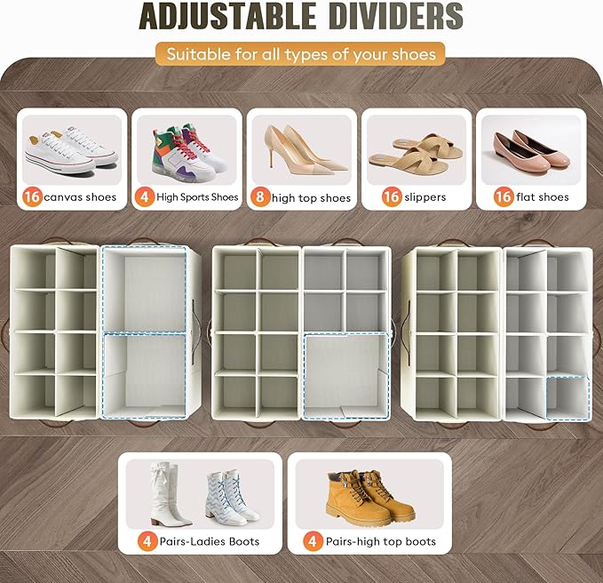 Budding Joy 2 Pack Shoe Organizer for Closet, Clear Foldable Shoe Storage Containers Adjustable Dividers Fits 16 Pairs,Shoe Storage Bins Baskets Boxes with Reinforced Handles Beige Yellow Beige