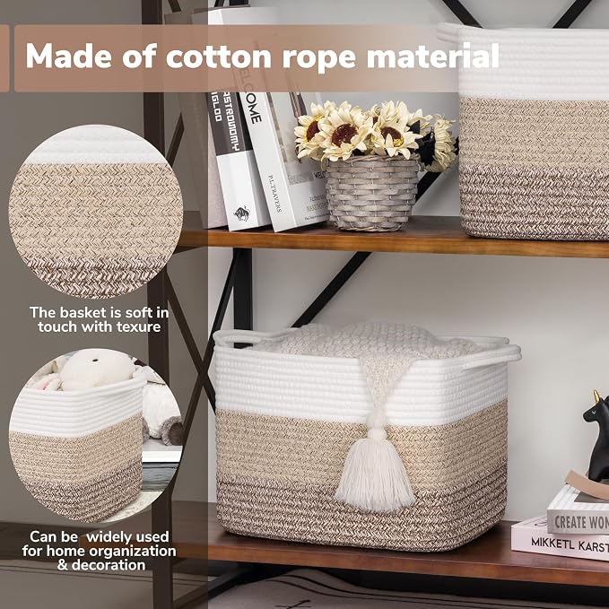 Goodpick Woven Storage Basket, 13"x10"x9" Cotton Rope Organizer for Dog Toys, Books, Stylish Gift Basket with Handles, Small Laundry Baskets for Shelves, Gradient Brown