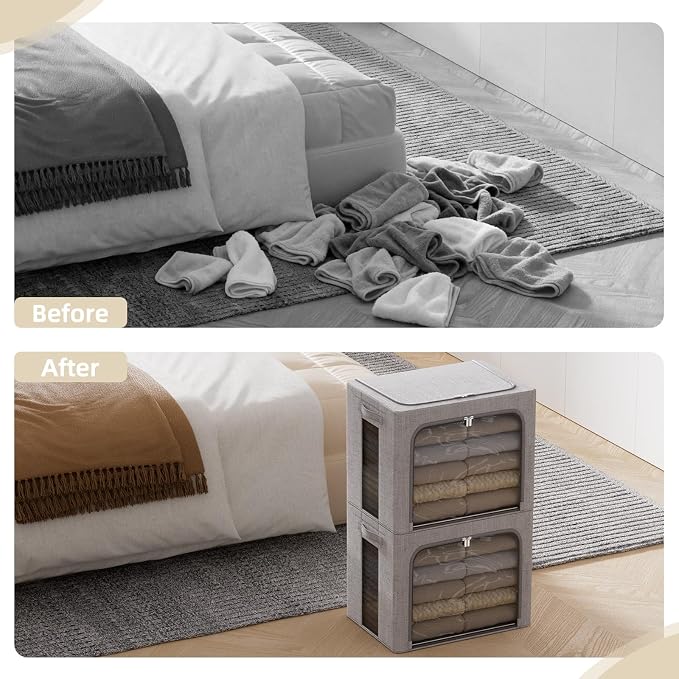 FHSQX 2 Pack Clothes Storage Bins, Light Gray, 16.5x12.2x12.2 Inch | ‎Portable, Large Clear Window, Stackable, Durable Handles, Foldable