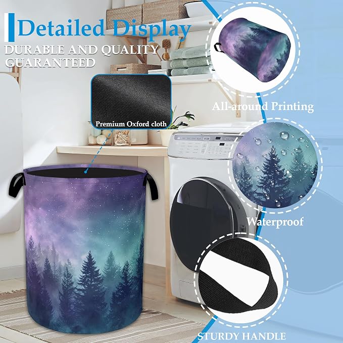 Starry Sky Forest Large Storage Basket Collapsible Laundry Basket Oxford Storage Bin for Gift Baskets Bedroom Clothes Hamper 16" X 20.8"