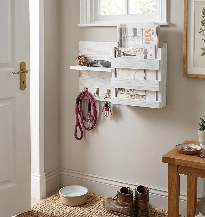 Wall-Mounted Key Hooks Holder and Mail Sorter - Rustic Wood White - Entryway Organizer for Letters, Leashes, and Purses - Floating Shelf, 16.5” W x 9.75" H x 4.5” D