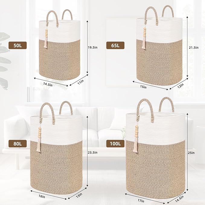 Woven Laundry Basket for Clothes, 50L Large Rectangle Laundry Hampers with Beads Tassel, Nursery Storage Basket for Toys, Tall Dirty Clothes Hamper for Bedroom Aesthetic, Laundry Room Organization