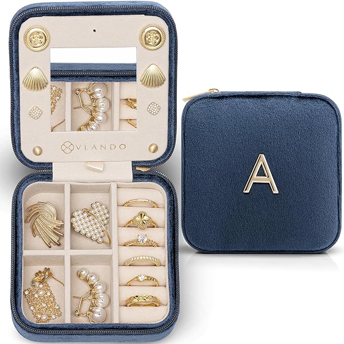 VLANDO Travel Gifts 2025, Travel Jewelry Case for Girl Women, A Initial Jewelry Case, Mini Jewelry Travel Organizer Travel Essentials Gifts for Friend Teen Girls - Letter A, Dark Blue