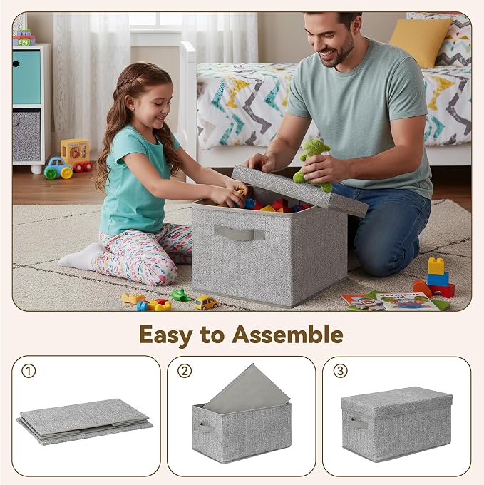 GRANNY SAYS Fabric Boxes with Lids, Storage Bins with Handles, Shelf Bins for Organizing, Extra Large Storage Boxes for Linens Clothes, Decorative Storage Containers, Gray, 3-Pack