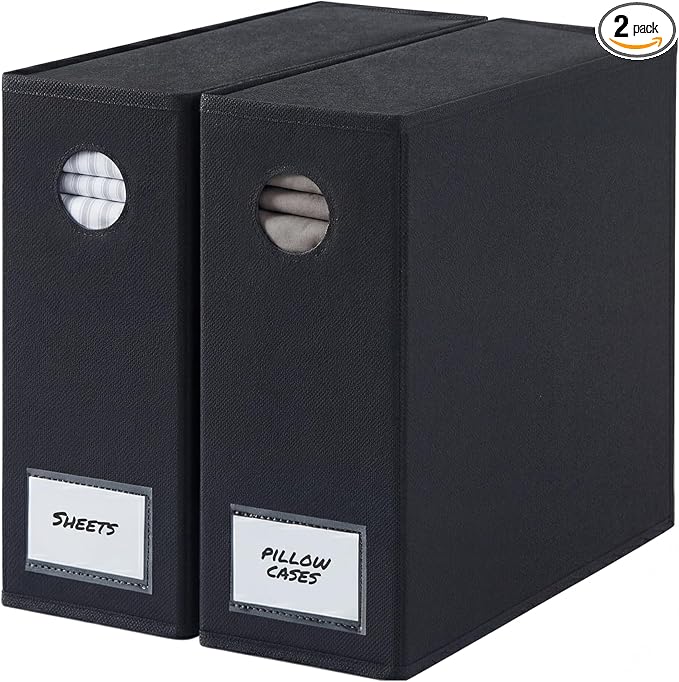 2 Pack Sheet Organizers - Foldable Storage Sheets Set Organizer for Linen Closet - King & Queen Size - Folder Keeper with Window XL - Blanket, Duvet & Pillowcases Dustproof Bedding Container - Black