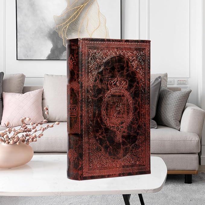Decorative Vintage Style Faux Leather Embossing Book Storage Box, Hollow Wood, 3-01, Brown - Birthday/Graduation Gift, Hidden Surprise