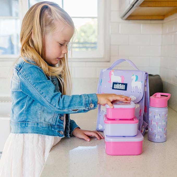 Wildkin Set of 3 Kids Nesting Food Containers for Girls – Stackable, Airtight & BPA-Free Snack Containers, Dishwasher Safe Lunch Box Containers for School & Travel, Ages 3–12 – Unicorn
