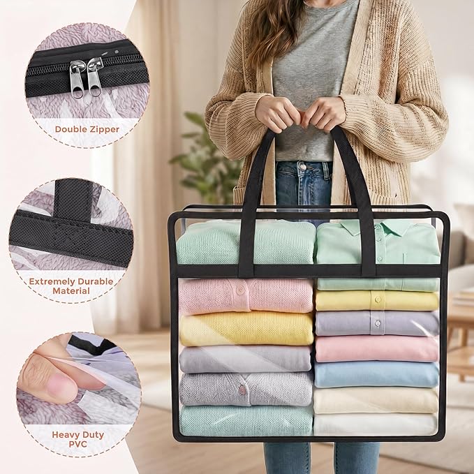 Budding Joy Clear Zippered Storage Bags for Clothes,40L Closet Organizers and Storage Containers Vinyl Moving Bag for Bedding, Linen, Blankets, Comforters, Clothing & Toys, Black, 4 Pack