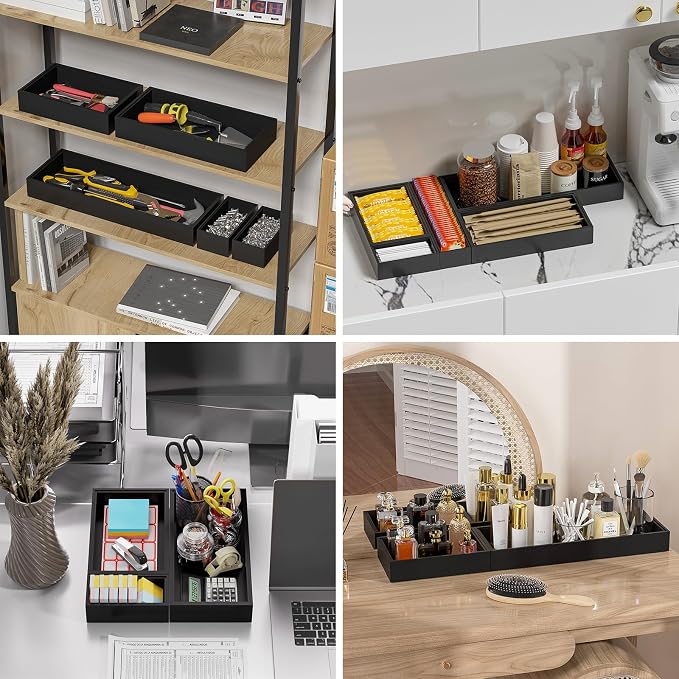 Lixple Bamboo Kitchen Drawer Organizer - Set of 2, Stackable Utensil Organizers, Wooden Storage Box Tray for Cabinet, Pantry, Bathroom Countertop, Multi-use Organization and Storage (Black)