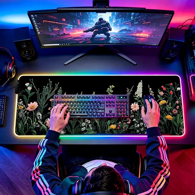 RGB Pretty Wildflower Gaming Desk Mat, Computer Keyboard Large Extended Flowers LED Mouse Pad for Office and Home, 31.5×11.8 Inches, XL