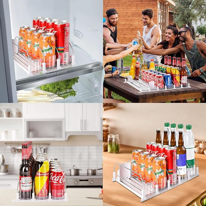 Drink Organizer for Fridge, Soda Can Organizer Dispenser for Refrigerator with Automatic Pusher Glide, Width Adjustable Clear Dividers Can Holder for 25 Cans, 15''D x16.6''W, 5 Rows