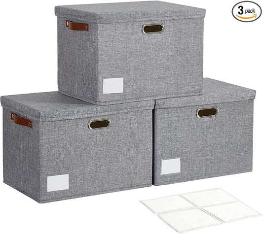 17" Large Collapsible Storage Bins with Lids, Stackable Closet Organizers with PU Handle and Labels, 3-Pack Decorative Fabric Storage Boxes for Home, Bedroom, Closet, Office, Nursery(Gray)