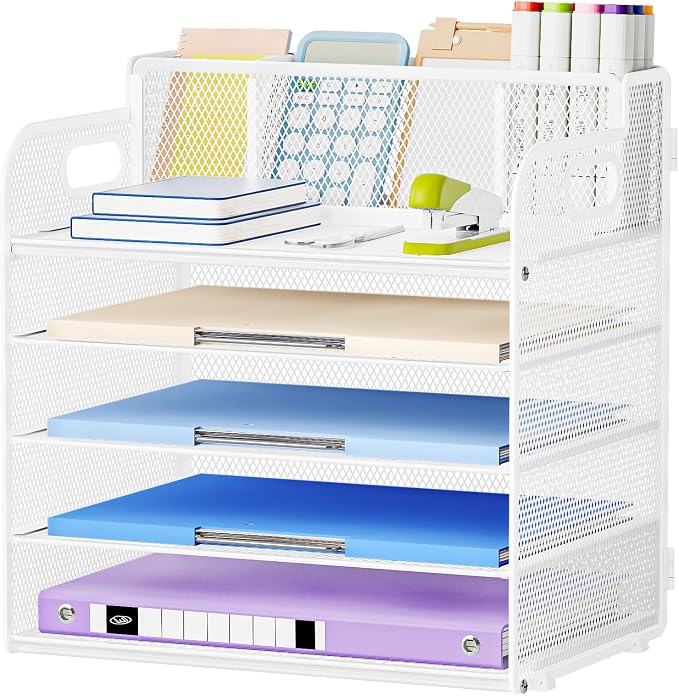 Marbrasse 5 Tier Paper Organizer Letter Tray, Mesh Desk File Organizer with Handle, Paper Sorter Desk Organizer for Home Office Supplies - White, with 3 Pen Holders