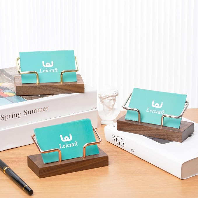 Business Card Holder for Desk, Modern Card Organizers and Office Desk Accessories for Men and Women (Walnut Golden)