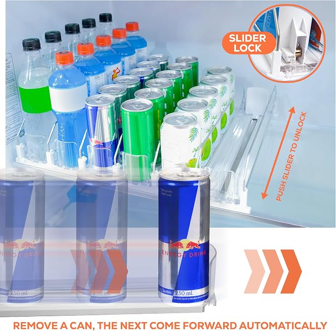 Upgraded Premium Drink Organizer for Fridge. Ultra Space Saving Soda Can Organizer with Larger Stopper Height and Automatic Pusher with Locking Feature. Holds 30 Cans (6 Rows, White)