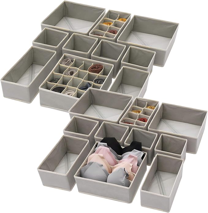 DIOMMELL Set of 21 Foldable Cloth Storage Box Closet Dresser Drawer Organizer Fabric Baskets Bins Containers Divider for Baby Clothes Underwear Bras Socks Lingerie Clothing,Grey 11-4249