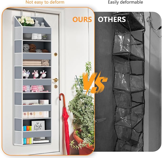 Over The Door Organizer - Over Door Storage Organizer with 5 Large Pockets & 10 Mesh Side Compartments - Heavy-Duty Hanging Storage for Bathroom, Bedroom & Closet - Baby Room Organize - Grey