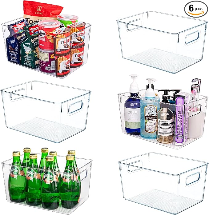 Clear Plastic Storage Bins-6 Pack Large Pantry Organizers and Storage Containers for Kitchen, Bathroom, Under-Sink, Office, Closet, Garage, Freezer and Snack