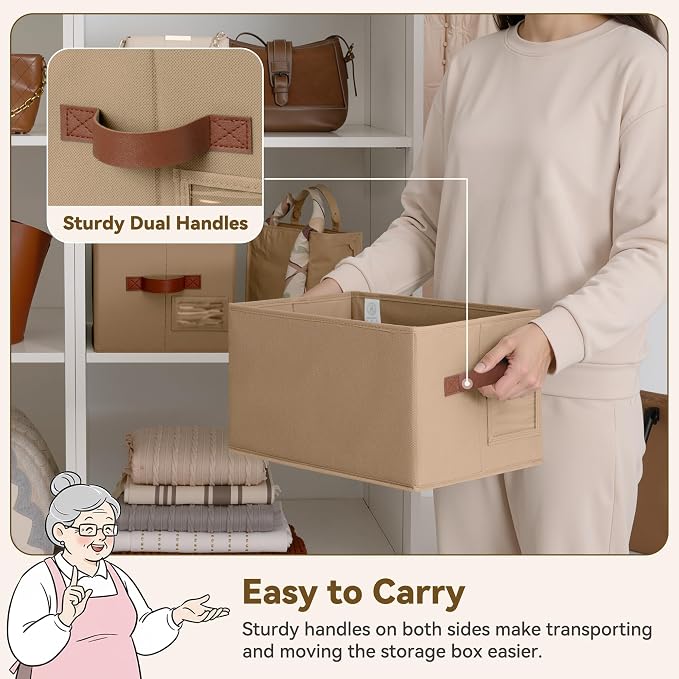 GRANNY SAYS Closet Storage Bins with Label, Closet Organizer Bins, Fabric Storage Basket with PU Handles, Clothing Storage Organizers, Brown, Medium, 3-Pack