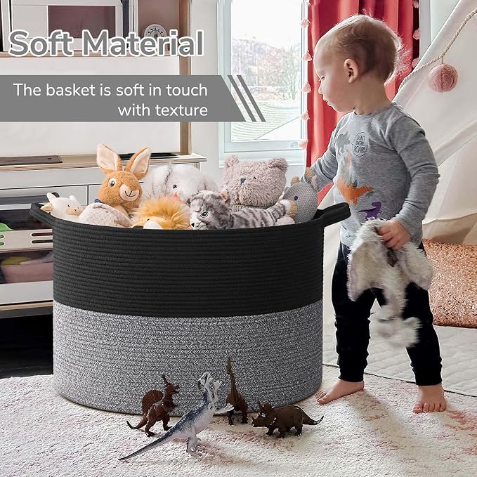 INDRESSME 115L Extra Large Cotton Rope Blanket Basket, Woven Basket for Toy Storage Organizer & Laundry Toy Box for Living Room Area & Nursery Room, Black & Grey
