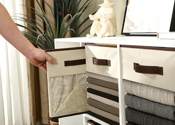 DECOMOMO Storage Bins, Cube Storage Bin with Window | 13" Cube, 6 Pack, Fabric Storage Cubes for Shelves (Beige)