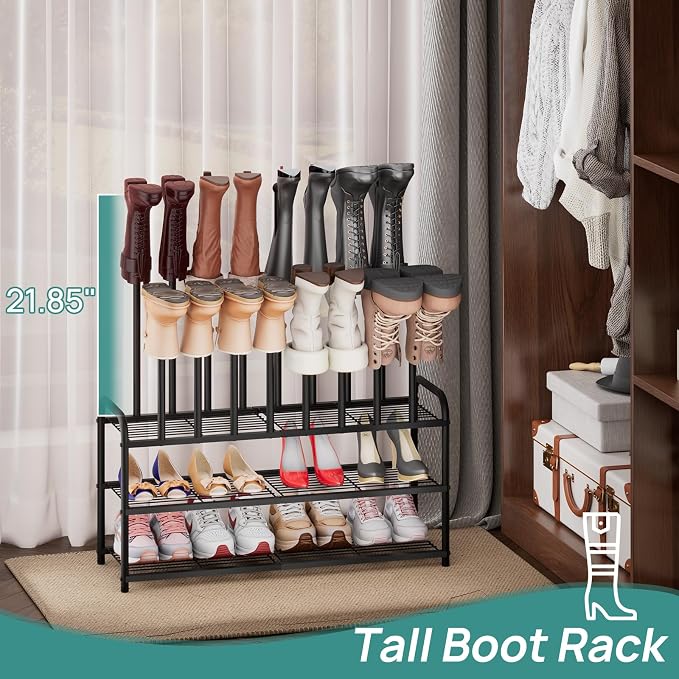 viewcare Tall Boot Rack, Long Boot Rack Organiser, Tall Boots with Shoe Rack for Closet, 3-Tier Shoe Shelf Storage Organiser for Entryway