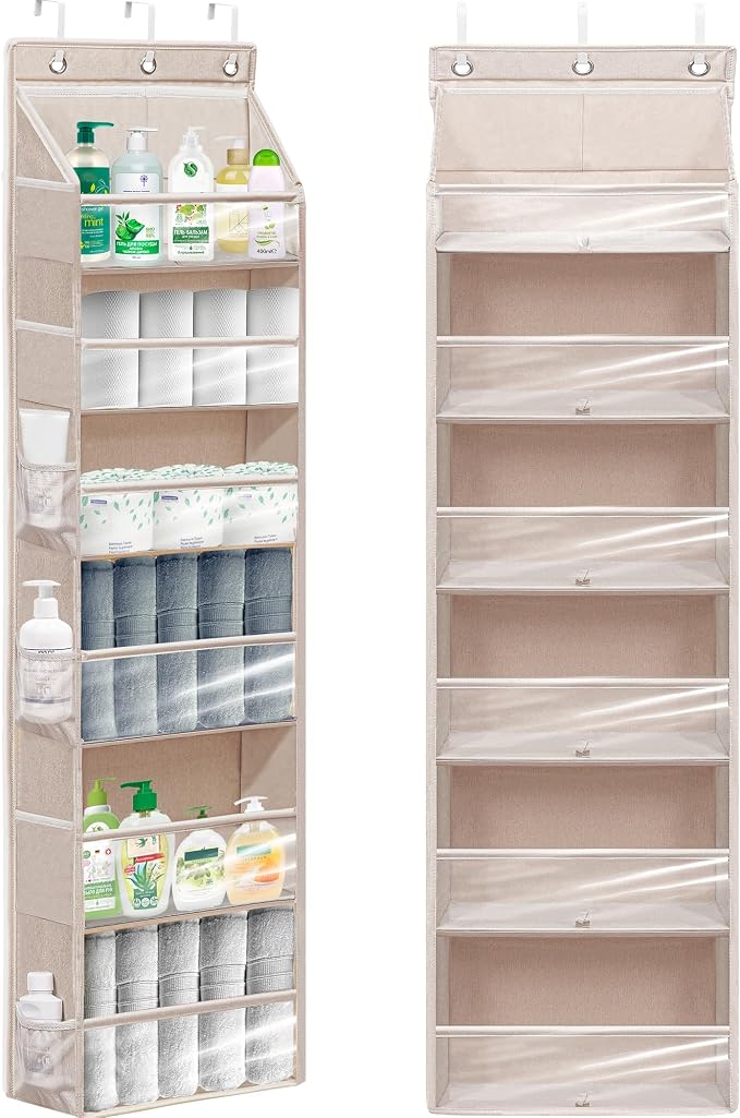 Over Door Organizer with 6 Extra Large Pockets 12 Side Pockets, Sturdy Closet Storage Rack, Hanging Storage Organizer with Clear Window for Shoes, Diapers, Toys, Bedroom, Bathroom, Beige