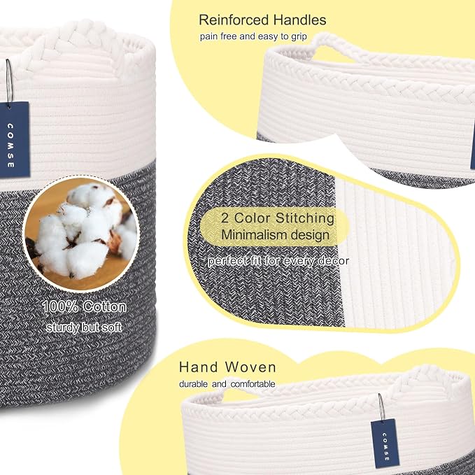 COMSE Extra Large Blanket Basket, Woven Laundry Basket, 21.7”x 13.8”, Nursery Hamper, Cotton Rope Laundry Hamper Living Room for Storage Toys Clothes Towels (White & Black)