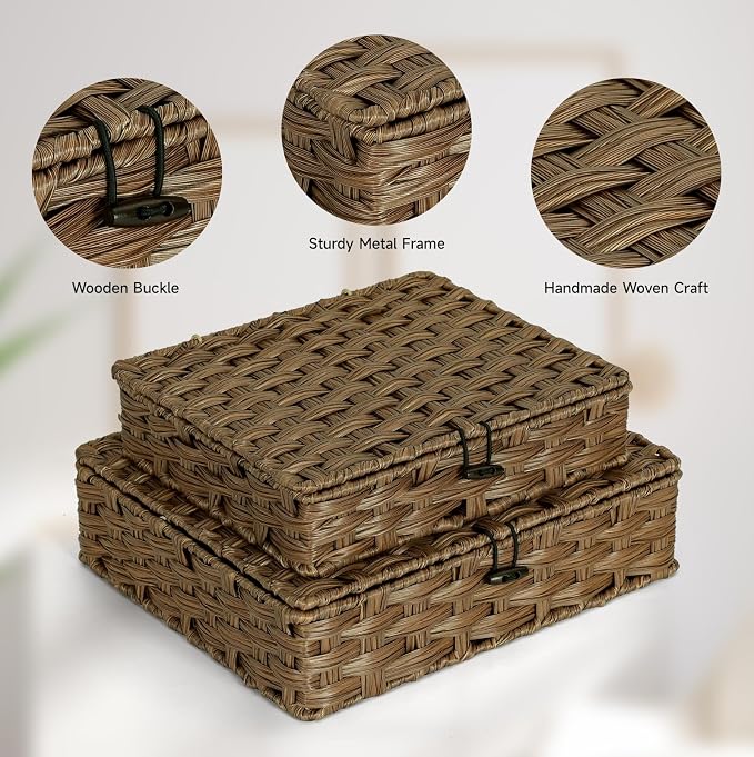 Plastic Wicker Storage Baskets with Lids, 2-Pack Woven Rattan Organizer Bins with Locking Button, Decorative Flat Storage Boxes, 11"x9.25"x2.75" & 13"x11.2"x3.5", Brown