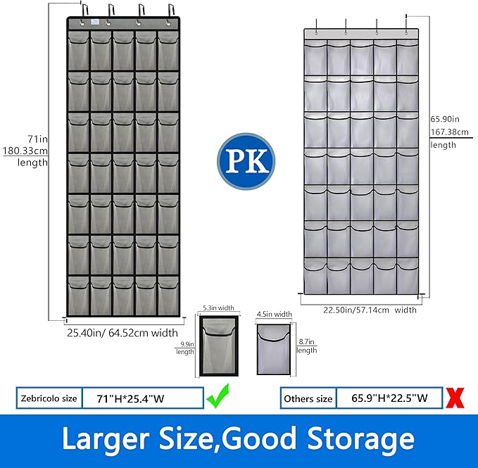 Over the Door Shoe Organizer, 2025 Upgrade 35 Large Pockets for Shoe Storage, Hanging Shoe Holder with Metal Hook, Clear Shoe Rack for Closet Bathroom Door Space Saving - Grey/Black