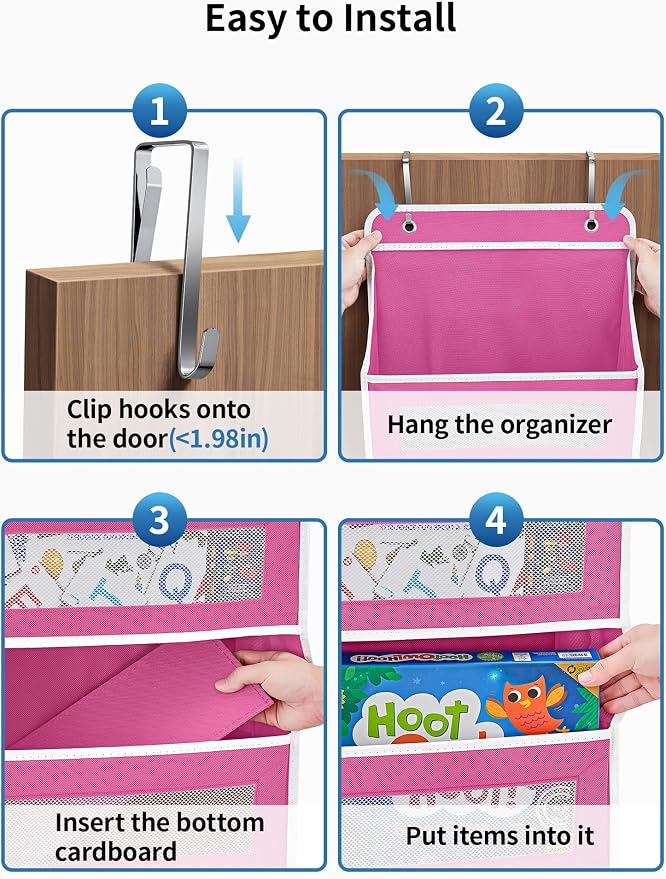 JARLINK Over The Door Organizer Storage, 5 Shelf Hanging Door Organizer with 5 Large Capacity Pockets, Anti Tilt 44 lb Load Behind Door Storage for Bedroom, Bathroom, Pantry, Nursery, (Pink)