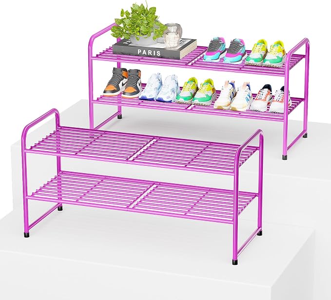2 Pack Shoe Rack, 2-Tier Metal Stackable Shoe Shelf Storage Organizer, Heavy Duty Wire Shoe Stand for Entryway, Closet, Hallway, Holds 50 LBS, Pink