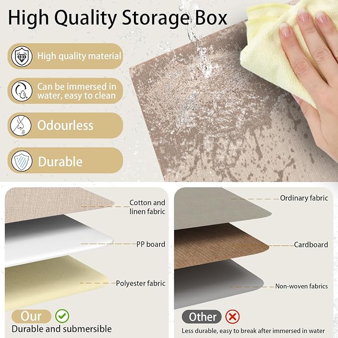 Yawinhe Collapsible Storage Boxes, Stackable Linen Fabric Baskets, Bin with lid and Leather Handle, Washable, for Home, Closet, Beige, 10.2x7.9x6.7 In, 1-Pack, SNK024BEN-1