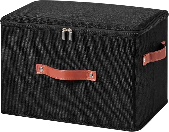 Storage Bin Box with Zippered Lid Cotton Linen Fabric Decorative Basket with PU Leather Handles PP Plastic Board Foldable Lidded Clothing Shelf Closet Organizer Container (Black, Large)