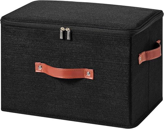 Storage Bin Box with Zippered Lid Cotton Linen Fabric Decorative Basket with PU Leather Handles PP Plastic Board Foldable Lidded Clothing Shelf Closet Organizer Container (Black, Large)