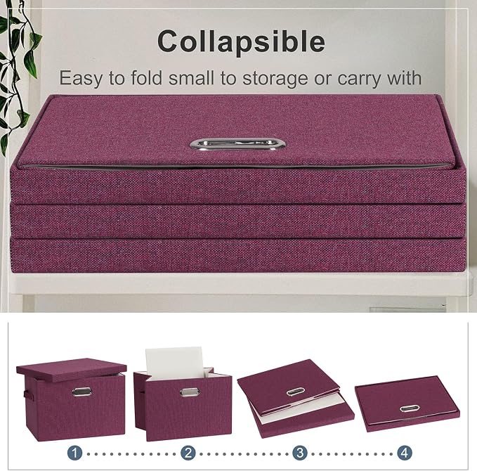 Graciadeco Large 17" 36 Quart Collapsible Stackable Storage Bins with Lids, 3 Packs Purple Linen Fabric Closet Boxes with Lids, Storage Cube Baskets Container Organizers for Bedroom Office (17x12x11)