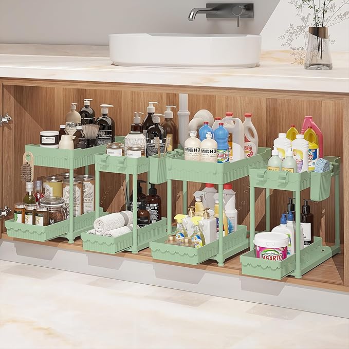 Sevenblue 4-Pack 2-Tier Under Sink Organizer with Pull Out Drawers | Multi-use kitchen & bathroom storage. Includes hanging hooks and cups. Green, space-saving cabinet design. 12.8 Inch