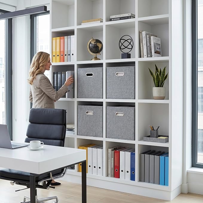 12x12 Gray Fabric Storage Cubes, 4 Pack – Foldable Linen-Look Cube Organizer Bins with Handles, Collapsible Cubby Baskets for Closet, Shelves, Nursery, Dorm Room & Kallax-Style Storage