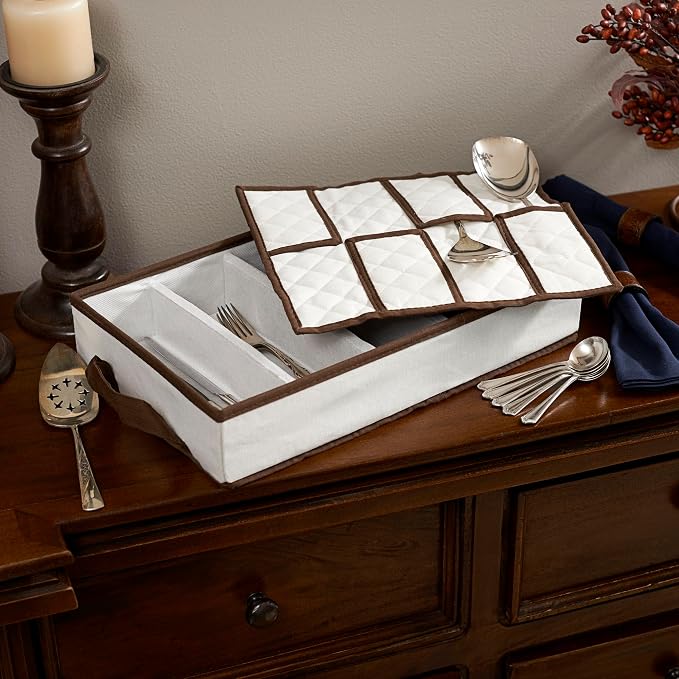 Household Essentials Cream Canvas Flatware Chest with Brown Trim