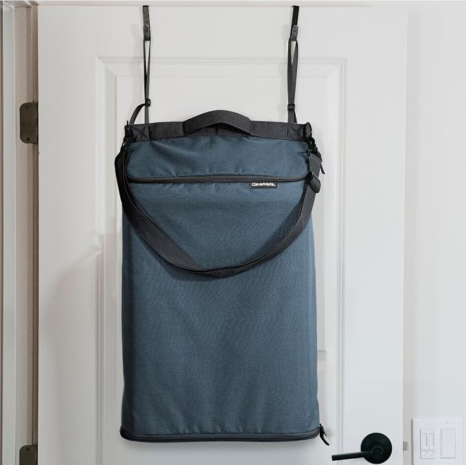 CleverMade Convertible Hanging Laundry Hamper, 21.5L, Over-the-Door, Ocean | Bottom zipper, removable carry strap and door hooks simplify unloading and hauling in dorms, bedrooms, bathrooms and RVs