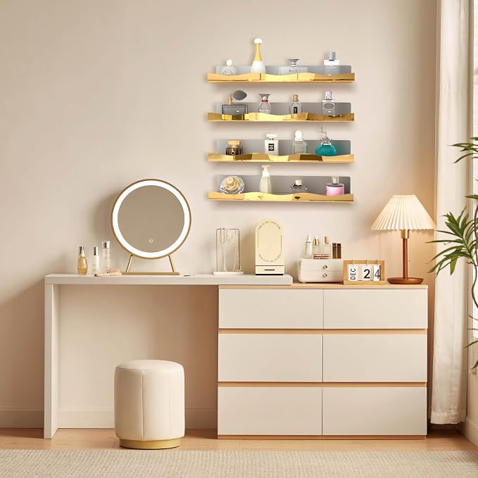 YMVV 15.7 in Large Golden Reflective Acrylic Mounted Floating Shelf, Perfume Organizer Shelf, Modern Bathroom Storage Toy Display Organizer Decor 4 Pack