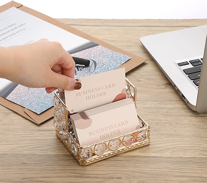 Hipiwe 2 Tiers Crystal Business Card Holder Gold Mirrored Cards Organizer | Business Cards Display Stand Desktop Name Card Storage Holder for Office Countertop