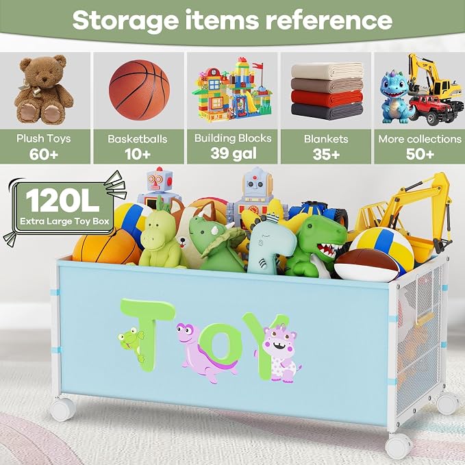 Large Toy Box with Wheels, 120L Toy Boxes for Extra Large Metal & Oxford Cloth Toy Chest Toy Organizer with Wooden Handle for Bedroom, Living Room Area, Stuffed Toys, Clothes(Blue, 1PC)