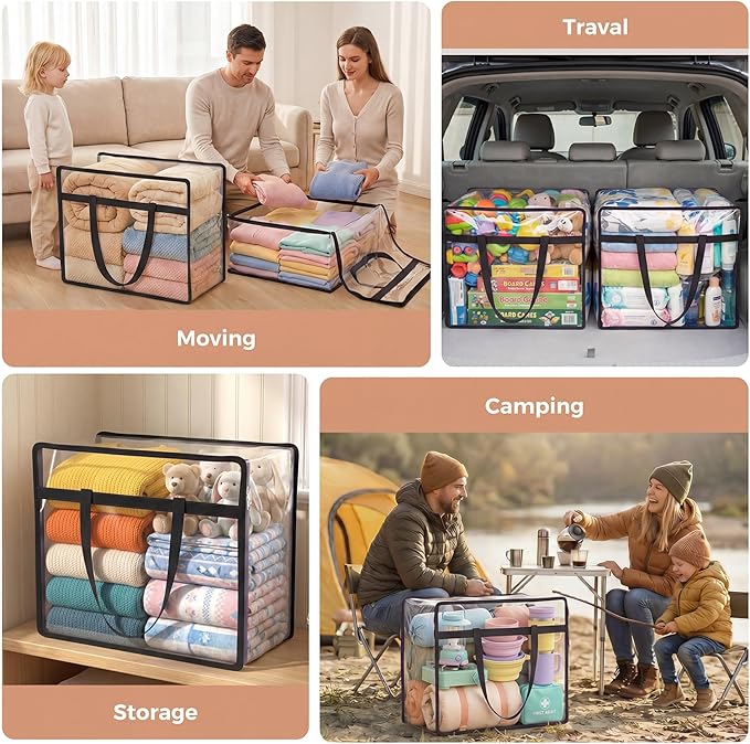 Budding Joy 6 Pack Clear Zippered Storage Bags for Clothes,40L Closet Organizers and Storage Containers Vinyl Moving Bag for Bedding, Linen, Blankets, Comforters, Clothing & Toys, Black