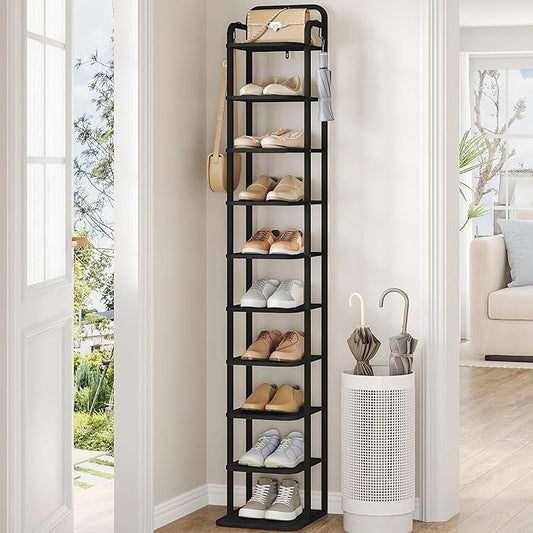 Hzuaneri Vertical Shoe Rack, Shoe Shelves, Wood Shoe Organizer for Closet, Entryway, Shoe Tower for Small Spaces, Free Standing, Adjustable, with 2 Hooks, 10 Tier Black SR11204B