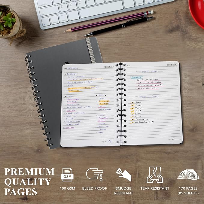 Nextnoid Lined Spiral Notebook Journal For Women & Men - A5(5.8" x 8.3") 170 Pages, Hardcover Notebooks for Work & Note Taking, College Ruled Journals for Writing - Grey