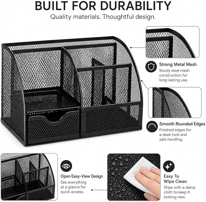 Exerz Desk Organizer Black Office Desk Accessories Supplies Office Storage Desktop Pencil Pen Holder with Drawer Home Workspace