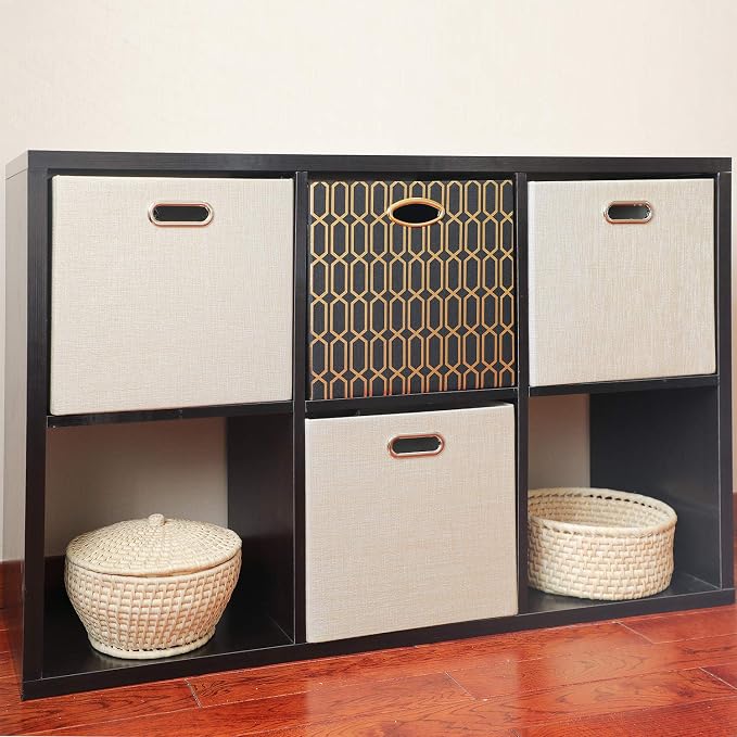 Posprica Storage Bins, Storage Cubes,13×13 Fabric Drawers Organizer Basket Boxes Containers (13×13×13/4pcs, Black/gold geometry Pattern)